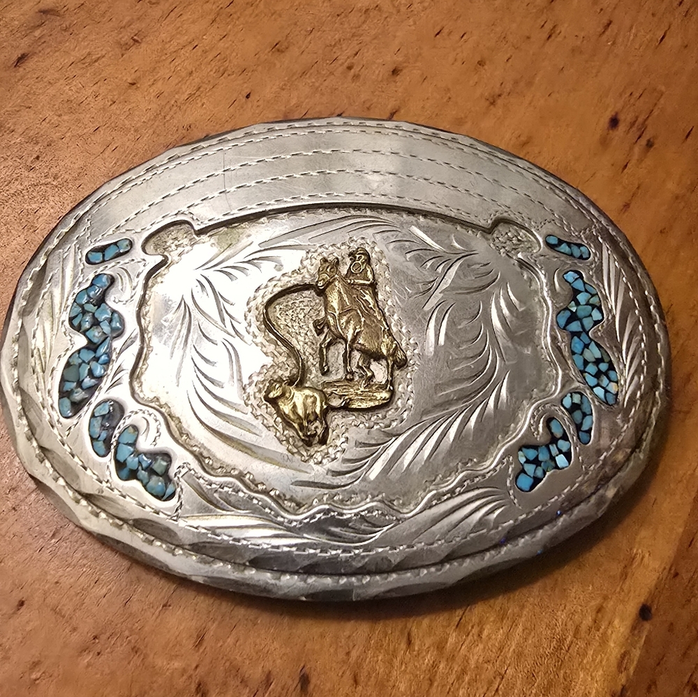 Vintage Silver and Brass Western Roper Belt Buckle with Turquoise Inlay